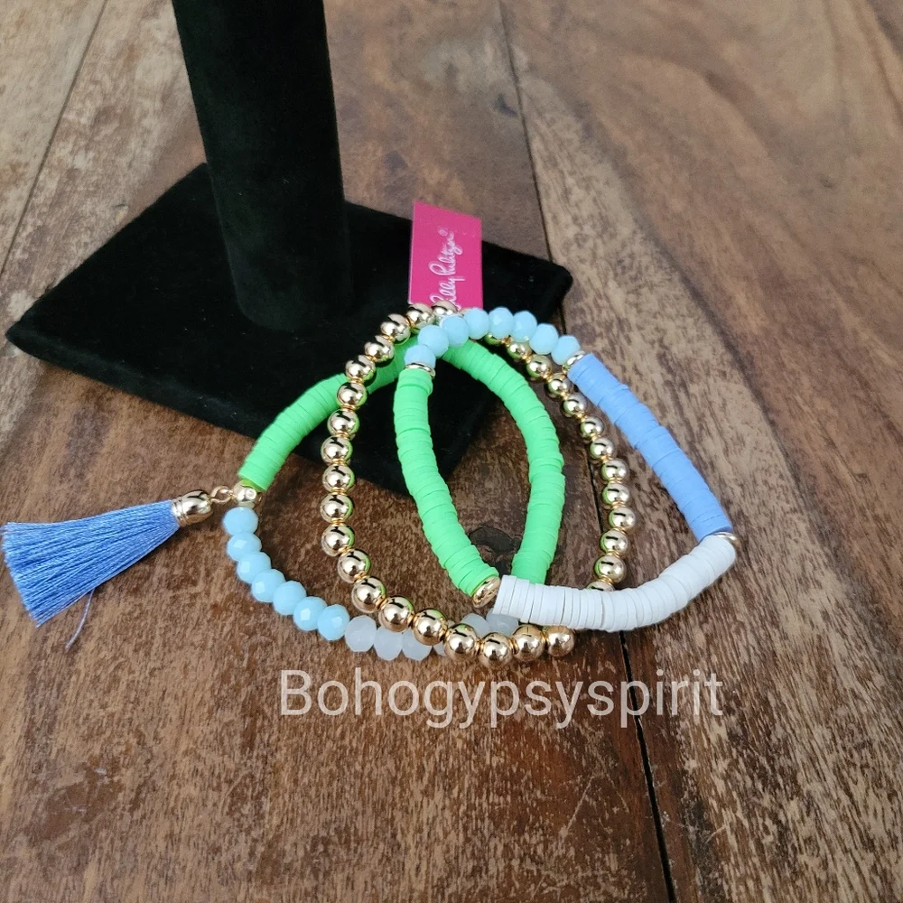 $58 Lilly Pulitzer Gold Tone Colorful Triple Strand Tassel Stretch Bracelet